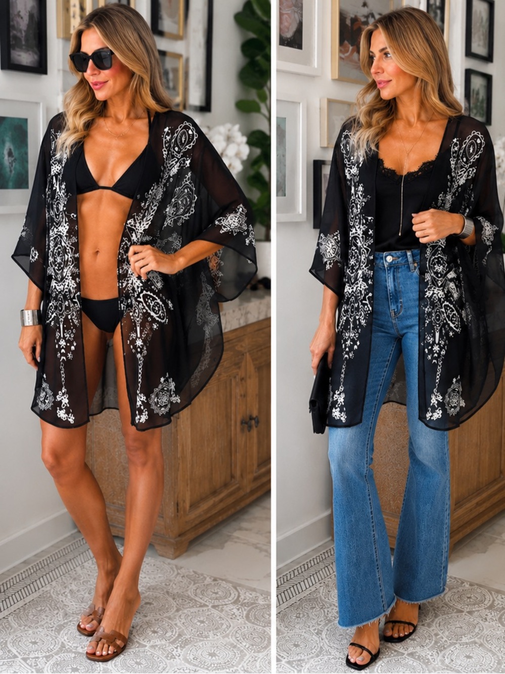 Boutique Black Sheer Boho Kimono Cover-Up | White Paisley Print | Size L